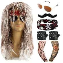 8 件 70 年代 80 年代摇滚服装重金属假发男女嬉皮假发带太阳镜朋克手套纹身袖子适用于 80 年代朋克派对配饰、长假发、太阳镜、胡须、头巾、手套、花臂，适用于万圣节派对装扮情人节
