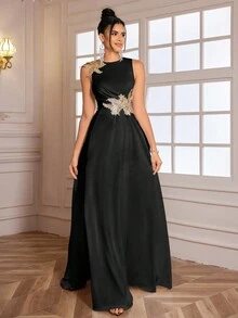 High-End Elegant 3D Floral High Slit Evening Gown, Black Formal Prom Dress, For Wedding Guest, Graduation, Dinner Party Dress - Black - View 5
