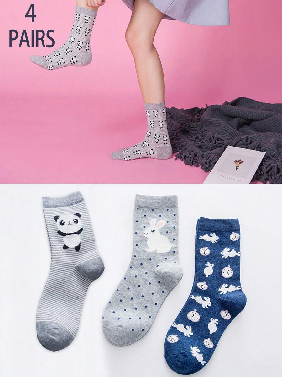 4 双女士卡通兔猫熊图案运动中筒袜，春秋新款韩版简约百搭袜子，适合购物和日常穿着，搭配拖鞋、运动鞋、乐福鞋和厚底运动鞋，可爱袜子 - 彩色 - 查看 1