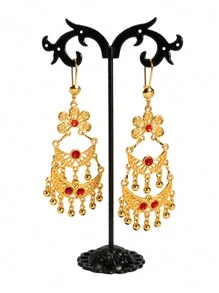 2只优雅中东风情金色花卉新月镶嵌立方氧化锆耳环，防锈，24K镀金，送给朋友、女友、妻子的礼物，适合节日、生日等场合，适合女性和女孩日常及节日佩戴。 - 金黃色 - 查看 5