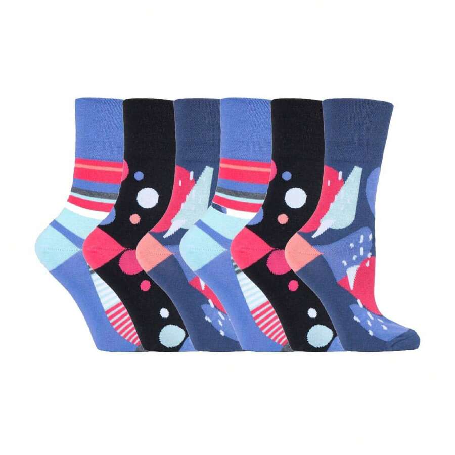 Gentle Grip 6 Pack Ladies Non Elastic Loose Top Patterned Cotton Rich Socks (GG168) - Fast Shipping And Quick Delivery - Purple - View 1