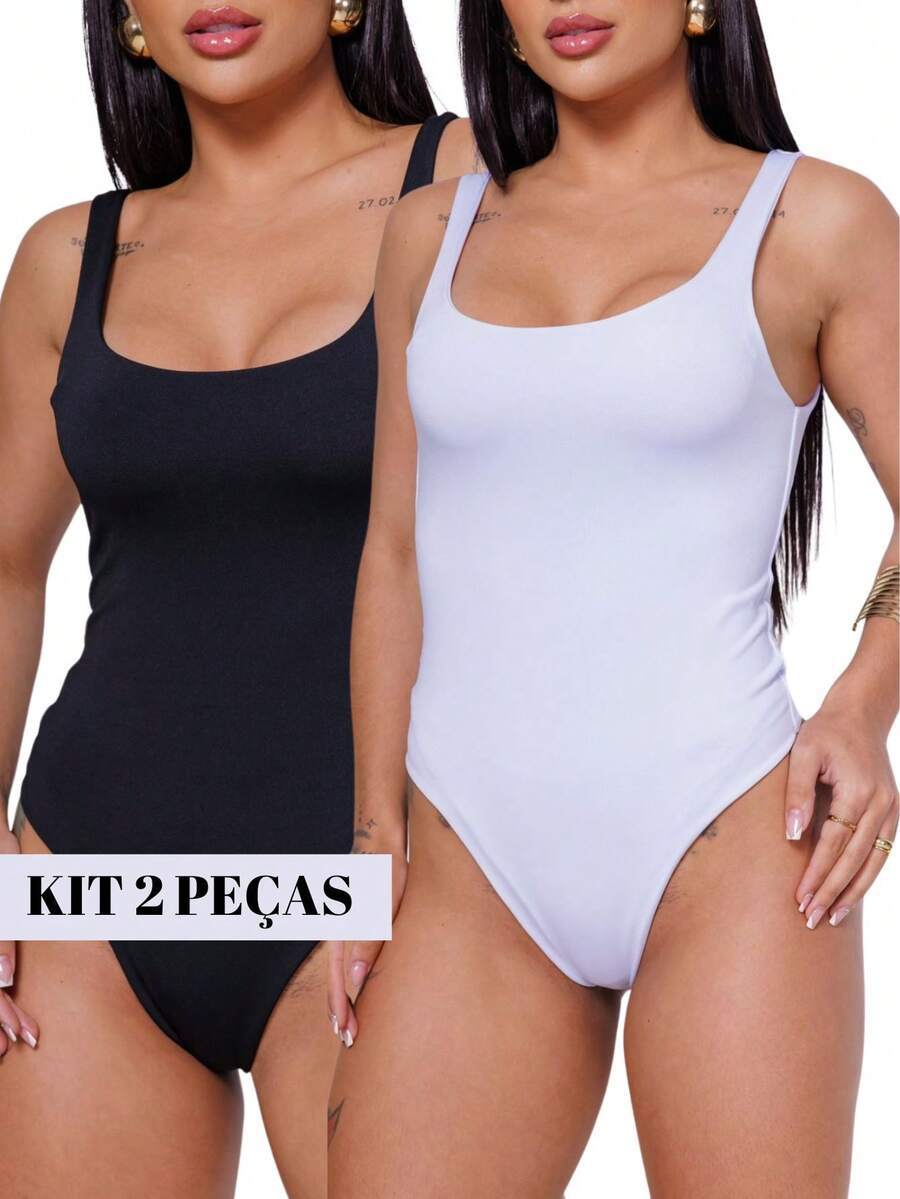 Kit 2 Women's Bodysuit Thick Strap Basic Supplex - Đen và trắng - Xem 1