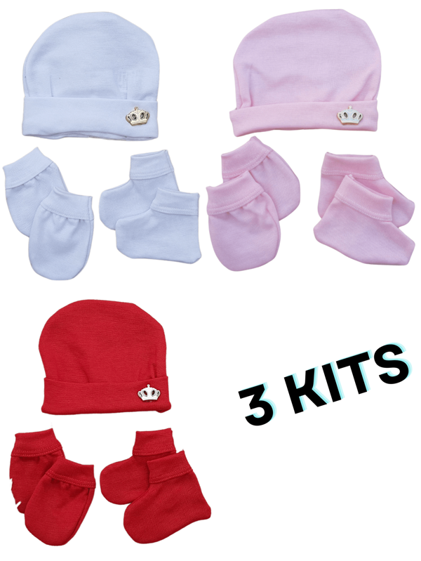 KIT 3 Pacotes Touca , Luvas e Sapatinhos Bebê 0 a 3 Meses Menina e Menino Com 3 Peças Cada Pacote