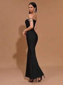Modphy New Sexy Off Shoulder Beaded Bodycon Maxi Bandage Dress, Women Formal Evening Gown For Wedding Party, Wedding Guest Dress - Black - View 6