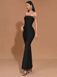 Modphy New Sexy Off Shoulder Beaded Bodycon Maxi Bandage Dress, Women Formal Evening Gown For Wedding Party, Wedding Guest Dress - Black - View 5