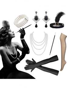 7 件 1920 年代风格女士配饰套装，包括羽毛头带、人造珍珠手链、耳环、项链、长袜、长手套 - 了不起的盖茨比、咆哮的 20 年代主题派对万圣节的轻佻女郎服装 - 多色 - 查看 13