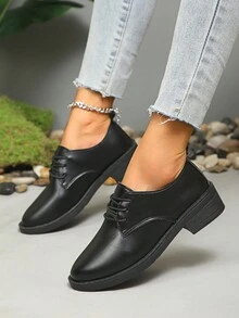 女士时尚系带低帮皮革休闲乐福鞋平底鞋