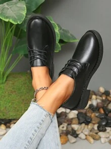 女士时尚系带低帮皮革休闲乐福鞋平底鞋