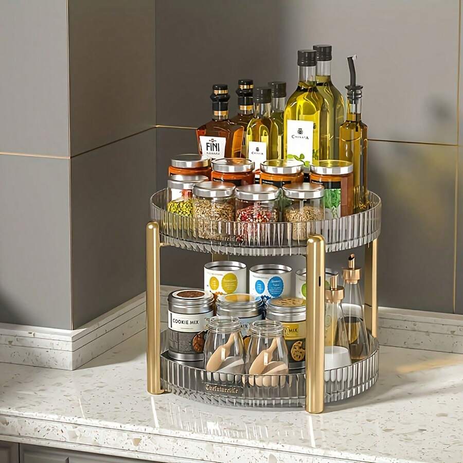Gold-Plated Rotating Storage Box, Multifunctional Kitchen Organizer Rack - White - View 1