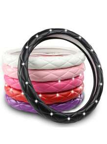 15英寸菱形图案仿皮亮面通用汽车方向盘套，粉色汽车用品，女士汽车配件 - 粉色 - 查看 5