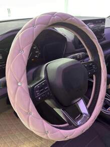15英寸菱形图案仿皮亮面通用汽车方向盘套，粉色汽车用品，女士汽车配件 - 粉色 - 查看 2