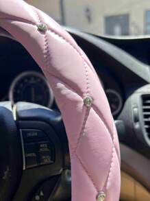 15英寸菱形图案仿皮亮面通用汽车方向盘套，粉色汽车用品，女士汽车配件 - 粉色 - 查看 3