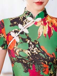 Fikoo 女士旗袍长款夏季连衣裙 - 绿色花朵长款橙色新娘/旗袍晚礼服，短袖和开衩，适合婚礼宾客、花园派对、文化活动和正式场合 - 綠色 - 查看 6