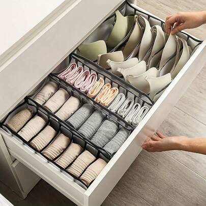 可折叠亚克力抽屉整理器可调节 6/7/11 网格衣柜壁橱内衣抽屉隔板带袜子架可清洗节省空间且易于使用梳妆台储物篮储物箱用于存放胸罩内裤袜子和衣服的房间装饰家居装饰卧室装饰卧室，收纳盒，家庭收纳，女式白色 T 恤，女式黑色裤子，女士冬装，连衣裙，