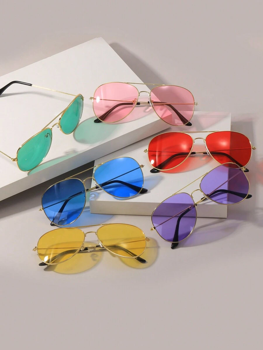 1PCS欧美潮人时尚眼镜男女金色框彩色海镜片金属眼镜飞行员司机开车蛤蟆镜时尚眼镜 - 彩色 - 查看 1