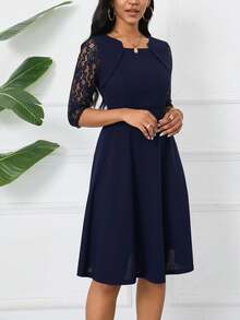 Women Contrast Lace Plain Color A-Line Dress, Elegant 3/4 Sleeve Dress