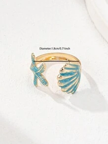 1pc Handmade Enameled Starfish & Shell Adjustable Ring For Women, Suitable For Summer Vacation (Note: Slight Variations In Color And Shape)