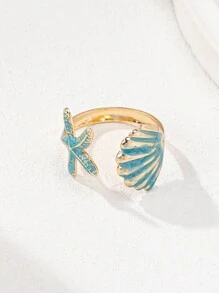 1pc Handmade Enameled Starfish & Shell Adjustable Ring For Women, Suitable For Summer Vacation (Note: Slight Variations In Color And Shape)