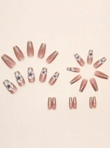 长指甲压合棺材闪光假指甲裸色丙烯酸芭蕾舞女演员假指甲光泽胶全覆盖白花凝胶指甲 24 片 - 彩色 - 查看 3