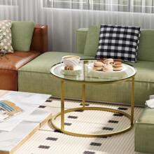 Glass Coffee Table Round Gold Coffee Tables For Living Room,Modern Simple Center Table With Sturdy Metal Frame For Small Space,Tempered Glass Table For Bedroom Home Office - Gold - View 3