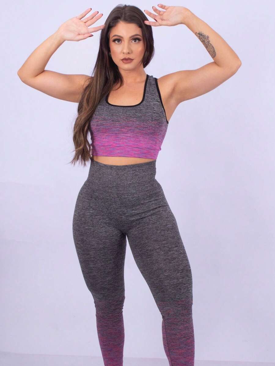 Leggings Set Pants + Top Fitness High Waist Push Up Butt Women's Gym Clothing Sport - Hồng - Xem 1