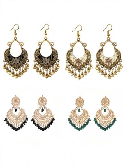 A Pair Of Boho Retro Folk Style Lady Alloy Bell Pendants With Carved Decorative Earrings Earrings