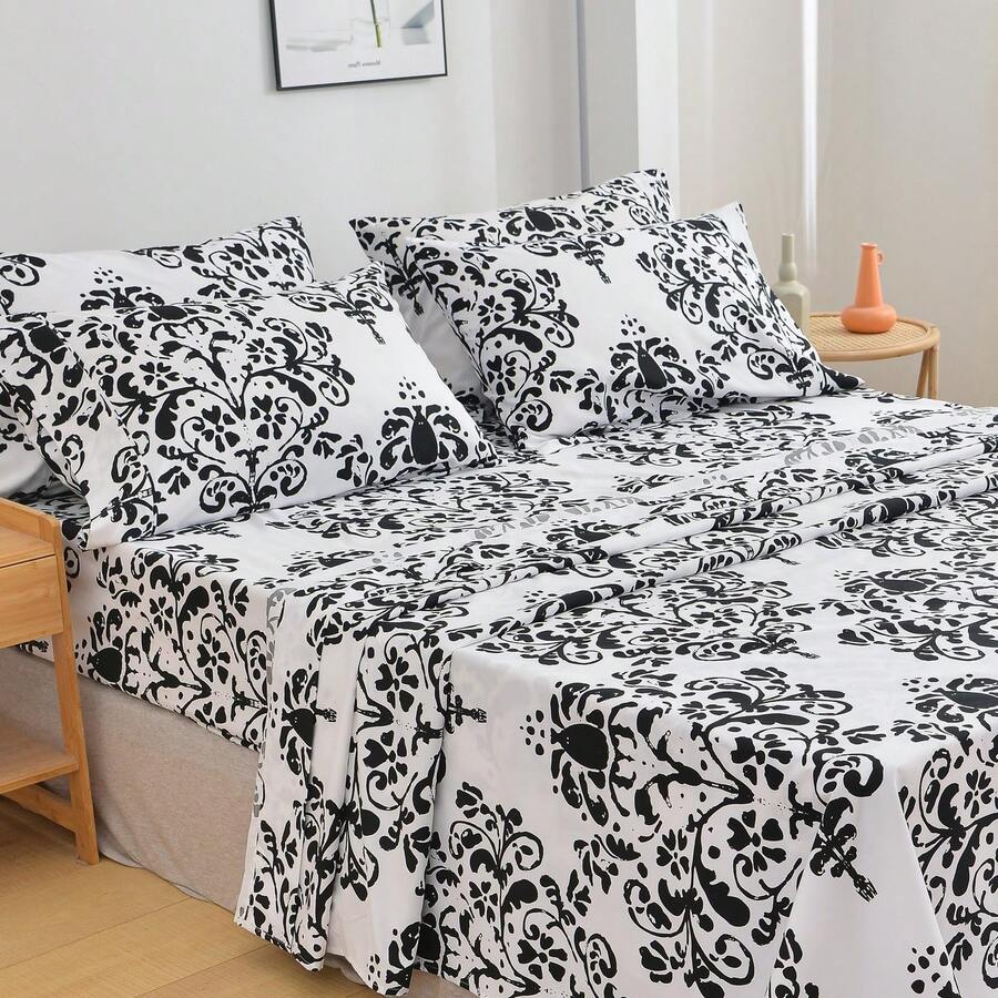 American Home Collection Black White Damask Bed Sheet Set Ultra Soft Twin King - Black and White - View 1