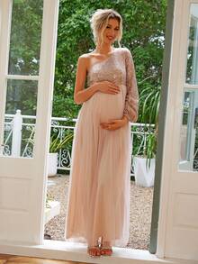 Joyfunear Vestido elegante de embarazo con cuello asimétrico, contraste de lentejuelas y malla, con manga larga, para fiesta - Champán - Ver 3