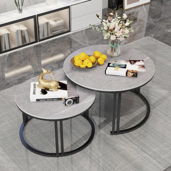 Couchtisch Rund 2er Set, Marmor Satztisch mit Schwarz Metallgestell, Beistelltisch, Wohnzimmertisch Modern, Satztische fürs Wohnzimmer Schlafzimmer Balkon  Klein 35*57*57cm / Groß 41*70*70cm
