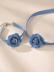 2pcs Girls Floral Necklace & Bracelet Set, Suitable For Daily Decoration - Blue - View 2