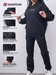 baasploa Bộ áo hoodie thể thao dành cho nữ Quần nữ + Áo hoodie dài tay có mũ trùm đầu cho nữ Thể thao giải trí ngoài trời Chạy bộ Thể dục Thể thao Áo hoodie thể thao dành cho nữ - màu đen - Xem 2