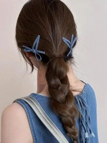 2pcs Women's Blue Bow Denim Effect Elegant Fashion Daily Wear Hair Clips Claw Clips Hair Claws Hair Barrettes, School Stuff, College, Bows, Cute, Hair Accerssories