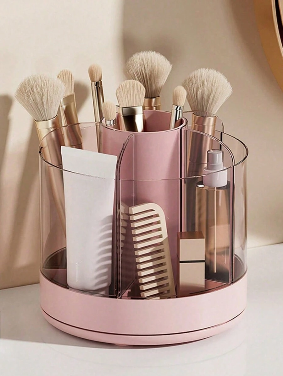 1 pieza Organizador giratorio grande para brochas de maquillaje, caja organizadora, almacenamiento de maquillaje simple y lindo para oficina, dormitorio, organizador de maquillaje ideal - Multicolor - Ver 1