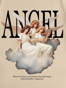 Men's Slogan & Angel Print Drop Shoulder T-Shirt - 卡其色 - 查看 3