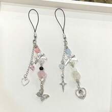 1 件女式透明玫瑰吊坠蝴蝶结串珠手机挂绳饰品可爱卡哇伊风格手机挂绳配件 - 彩色 - 查看 1