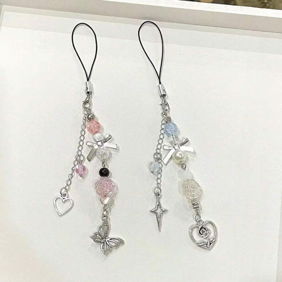 1 件女式透明玫瑰吊坠蝴蝶结串珠手机挂绳饰品可爱卡哇伊风格手机挂绳配件 - 彩色 - 查看 1