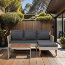 3 Piece Patio Sectional Wicker Rattan Outdoor Furniture Sofa Set Natural Yellow Wicker + Dark Grey Cushion YY Choice