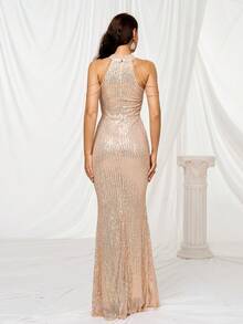 派對金屬錬 亮片拼接 拉鍊純色女士連衣裙 - 金色 - 查看 3