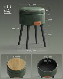 VASAGLE EKHO Collezione - Sgabello, Pouf Contenitore, Rivestimento in PU con Cuciture, Moderno di Metà Secolo, Poggiapiedi Rotondo con Gambe in Acciaio, Portata di 150 kg, Marrone Caramello/ Verde Foresta - Verde - Visualizzare 6