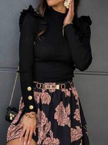 Autumn/Winter New Fashion Frill Trim Turtleneck Long Sleeve Knit Sweater - Black - View 7