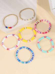7 piezas/set Pulseras de arcilla polimérica con cuentas en estilo bohemio, cantidad aleatoria, flores y corazones de colores arcoíris, adecuado para uso diario de niñas y vuelta al colegio - Amarillo - Ver 3