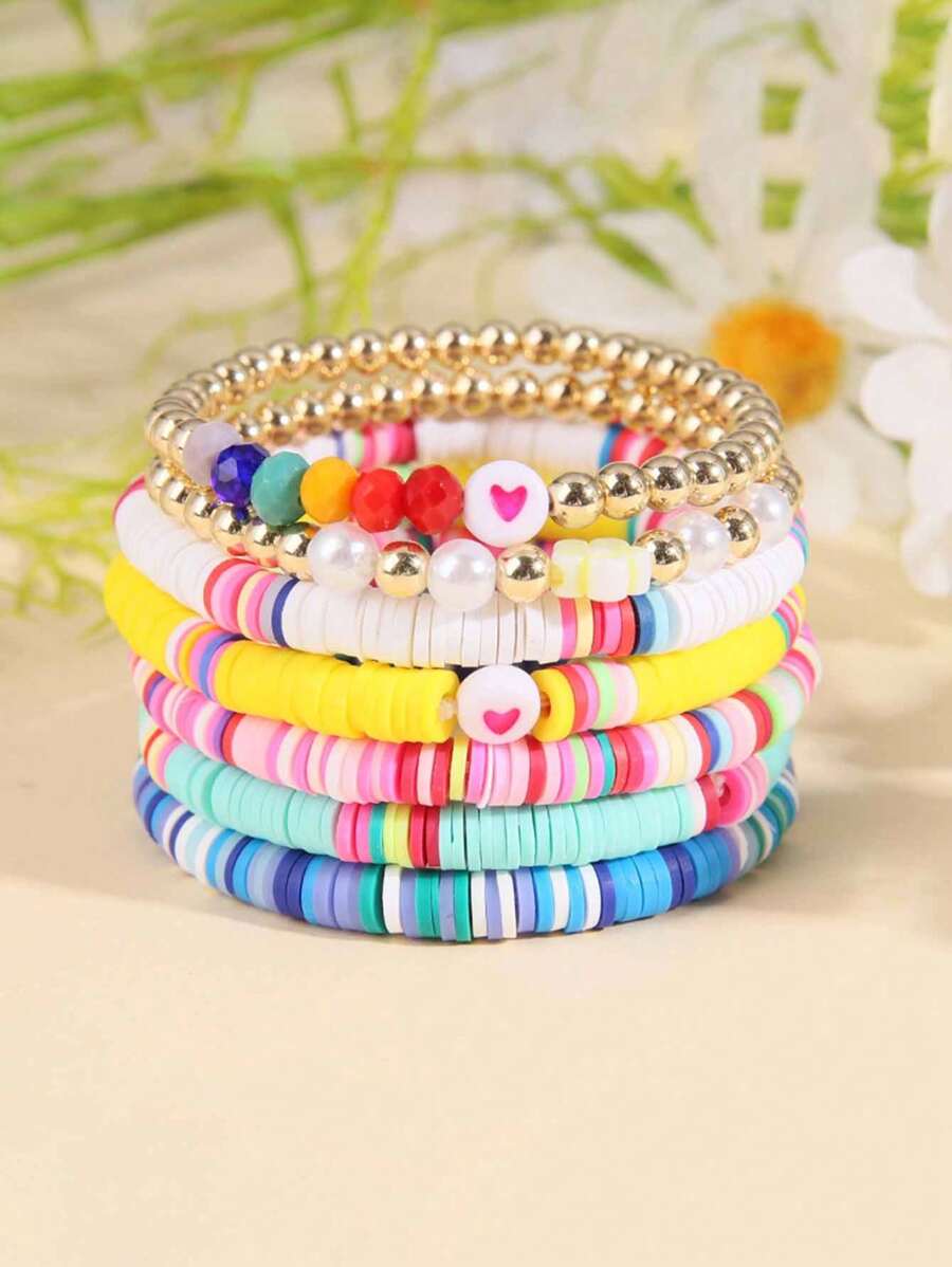 7 piezas/set Pulseras de arcilla polimérica con cuentas en estilo bohemio, cantidad aleatoria, flores y corazones de colores arcoíris, adecuado para uso diario de niñas y vuelta al colegio - Amarillo - Ver 1