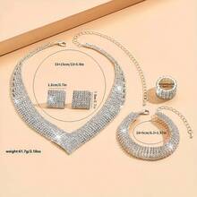 1pc Necklace, 1pair Earrings, 1pc Bracelet, 1pc Ring - Luxury Rhinestone Clawset Necklace, Earrings, Bracelet, Ring Bridal Jewelry Set - Silver - View 4