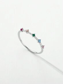 MODIAN 925 Sterling Silver Rainbow CZ Simulated Diamond Stackable Thin Ring Platinum Plated Bands For Women Wedding Jewelry Gift - Silver - View 5