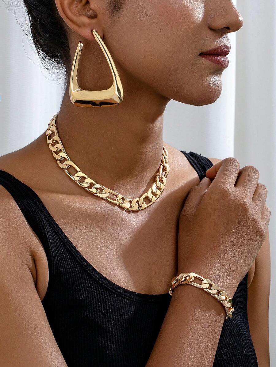 1 套复古几何豹纹链条项链、手链和空心三角形豹纹耳钉女士