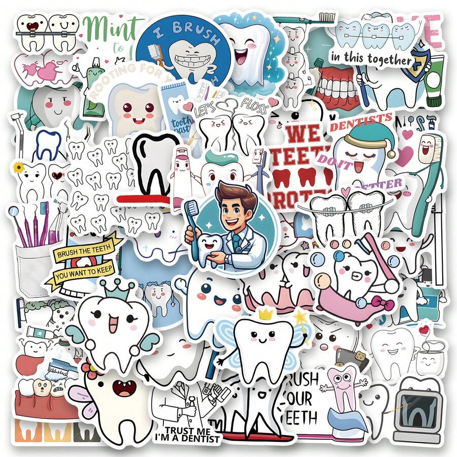 50 张可爱牙齿贴纸包 | 乙烯基美学贴纸，适用于剪贴簿、日记、笔记本电脑、保险杠、滑板、水瓶、电脑、电话、卡通、安全帽、汽车贴纸 - 彩色 - 查看 1
