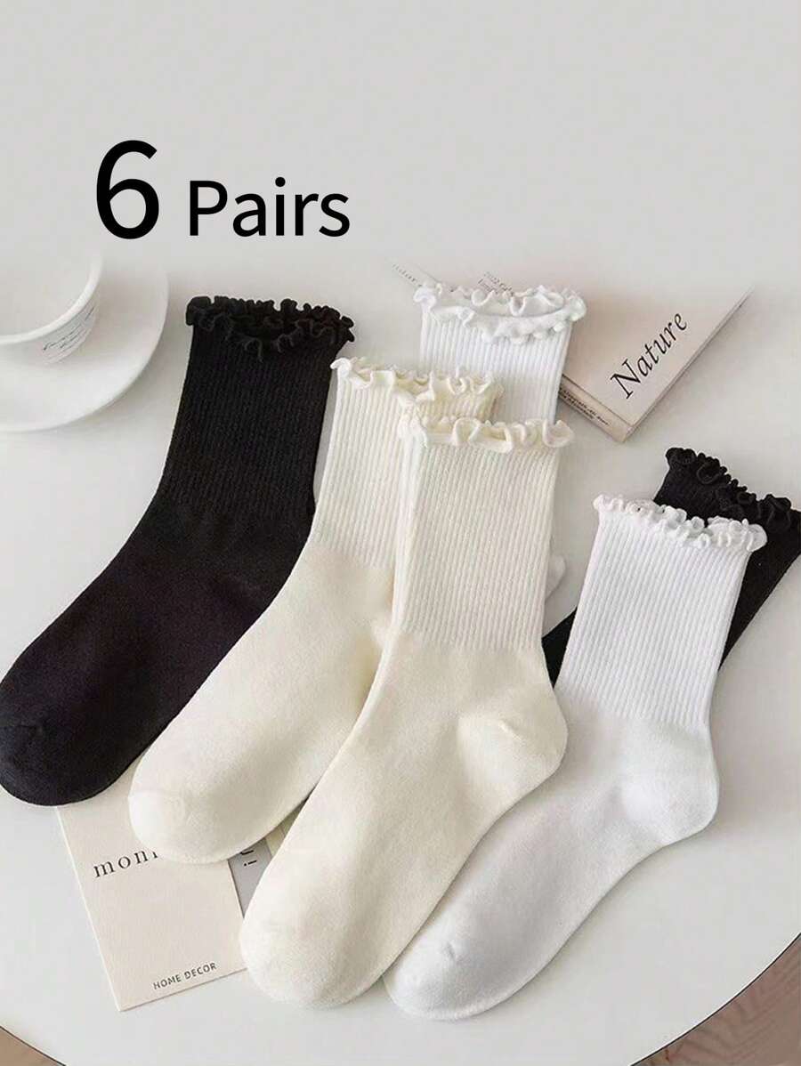 6 đôi tất cao đến đầu gối viền ren dành cho nữ, màu đen và trắng - Nhiều màu - Xem 1