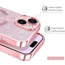 Hadaasi 3片钢化玻璃膜 + 1个闪粉磁吸透明手机壳，带屏幕保护膜和集成摄像头镜头保护，硅胶超薄防指纹无线[不泛黄]，透明电镀手机壳，兼容苹果17pro/17promax/苹果Air/17/16pro/16promax/16plus/16/15pro/15promax/15plus/15/14pro/14plus/14pro/13promax/13/12pro/12promax/12/11promax/11/11/11pro - 3片強化膜+粉紅手機殼 - 查看 7