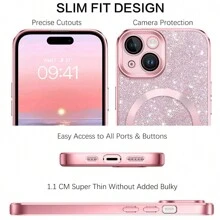 Hadaasi 3片钢化玻璃膜 + 1个闪粉磁吸透明手机壳，带屏幕保护膜和集成摄像头镜头保护，硅胶超薄防指纹无线[不泛黄]，透明电镀手机壳，兼容苹果17pro/17promax/苹果Air/17/16pro/16promax/16plus/16/15pro/15promax/15plus/15/14pro/14plus/14pro/13promax/13/12pro/12promax/12/11promax/11/11/11pro - 3片強化膜+粉紅手機殼 - 查看 6