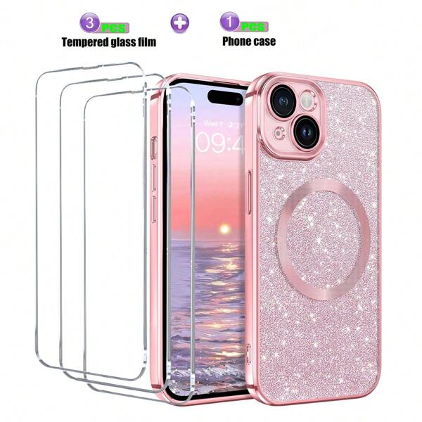 Valentines 3pcs Tempered Glass Screen Protectors + 1pc Glitter Pink Magnetic Transparent Phone Case With Built-In Camera Lens Cover, Soft Silicone Bumper, Anti-Fingerprint, Wireless Charging Compatible With Iphone 16pro/16promax/16plus/16/15pro/15promax/15plus/15/14pro/14plus/14pro/13promax/13/12pro/12promax/12/11promax/11/11/11pro